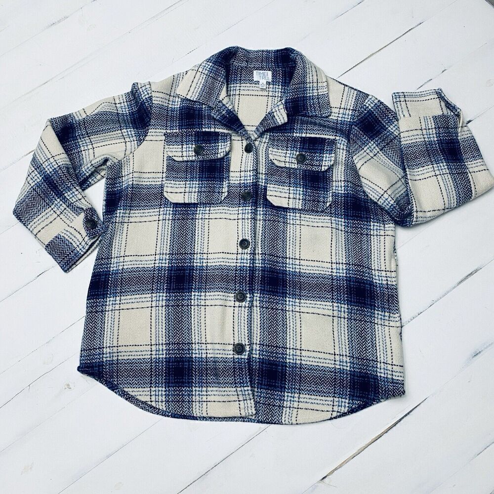 Women’s Time And Tru  Blue White  Button  Pocket Flannel Shacket Size M 8-10